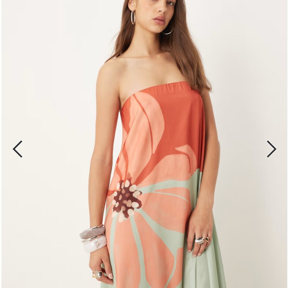 ASOS DESIGN bandeau trapeze satin maxi dress in mint floral print NWT